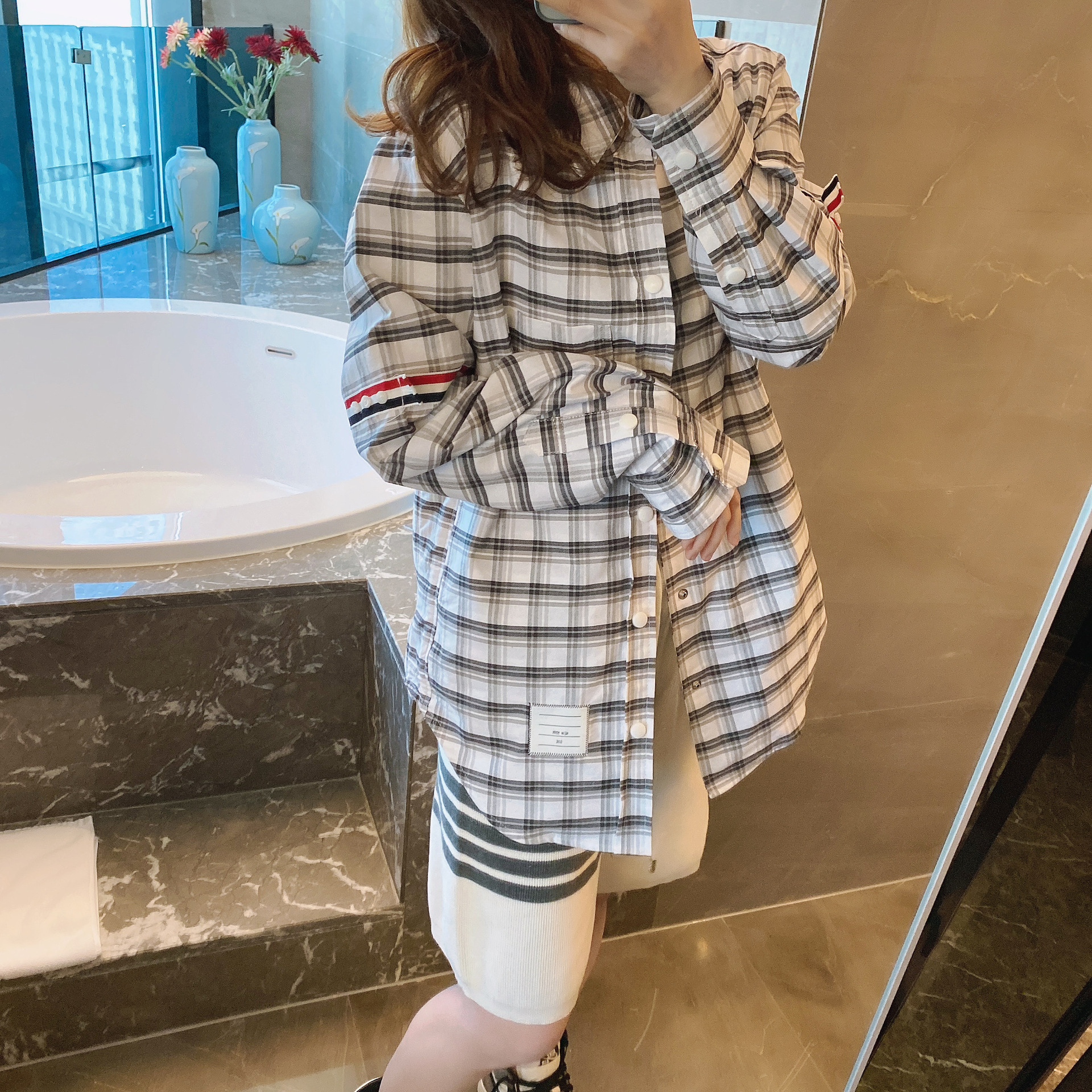 tb英伦风灰格子衬衫女宽松长袖新款百搭休闲春秋男女同款衬衣外套