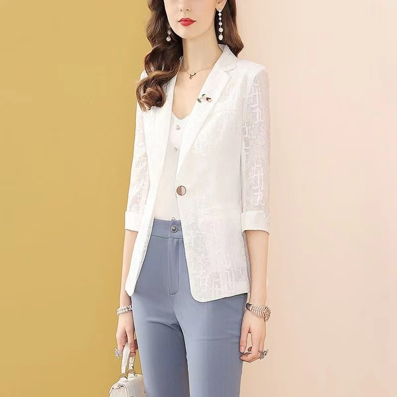 Wholesale solid color stitching lace suit jacket plus size New Fashion three-quarter sleeve elegant slim fit all-match top for women