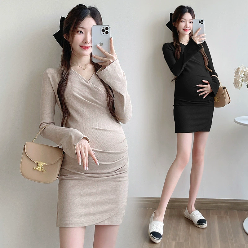 Сладкая пряная одежда для беременных с V-образным вырезом платье маленький осенний длинный рукав тонкая сексуальная юбка бедра может кормить грудью