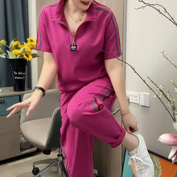 年轻妈妈品牌休闲运动套装女夏装2025新款时尚洋气立领短袖两件套|undefined