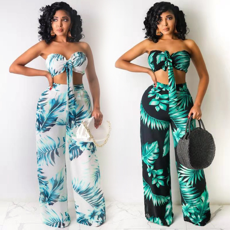 Hx8589 European and American Style Spicy Girl Fashion Printed Tube Top and Long Pants Outfit for Petite Women, Stylish Summer Casual Set Hx8589 European and American Style Spicy Girl Fashion Printed Tube Top and Long Pants Outfit for Petite Women, Stylish Summer Casual Set