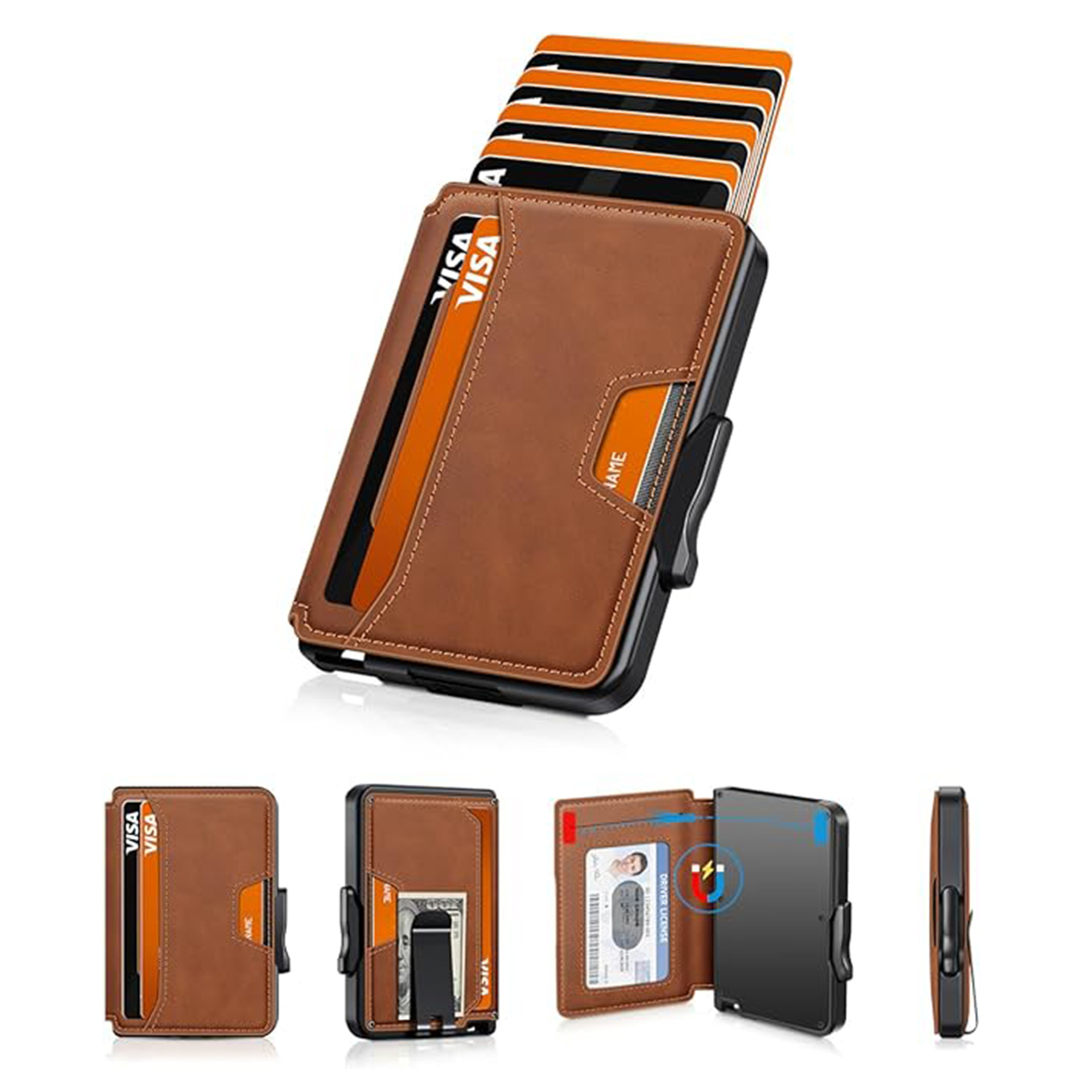 Amazon ultra delgado lado empuje bolsa de tarjetas de aleación de aluminio ultra delgada multifunción de gran capacidad cartera de cuero de negocios para hombres