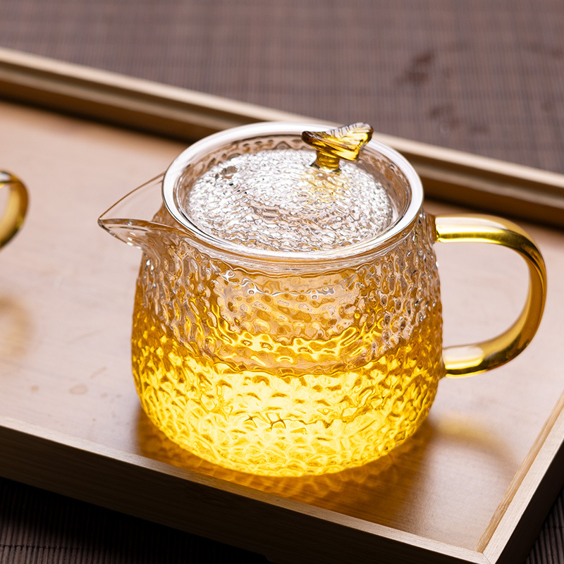 tetera de vidrio martillo conjunto resistente al calor hogar kung fu té taza de té engrosado tetera de té de flores un solo filtro de tetera