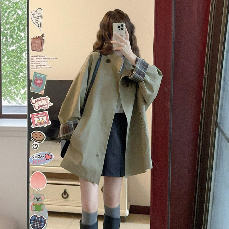 Retro British Style Mid-Length Stand-Up Collar Windbreaker Jacket for Women in Autum Loose and High-End Casual Cardigan Outwear