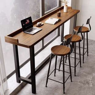 Solid Wood New Nordic Balcony Bar Table Against the Window and Wall Home High Table and Chair Combination Table Simple Long Baffle