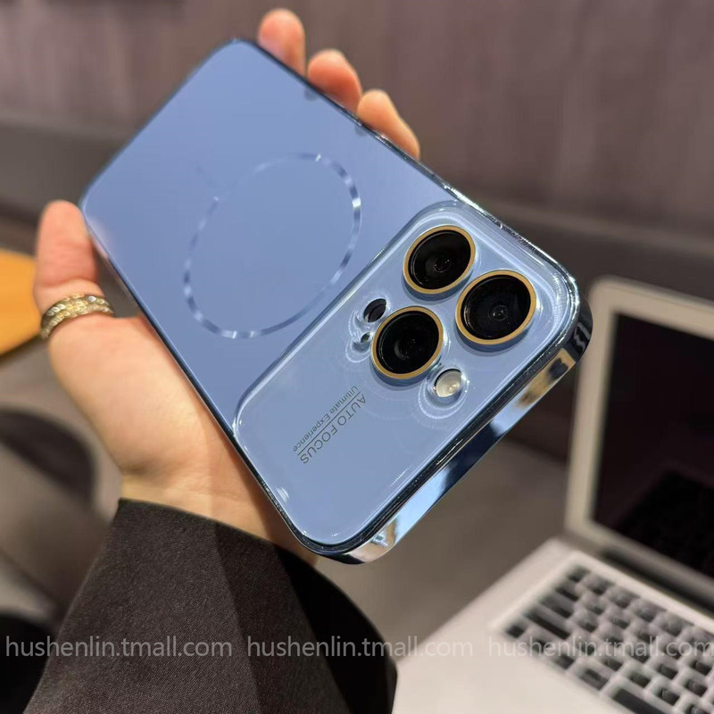 iPhone16promaxつや消しAG保護カバーに適した電気メッキオリジナルカラービッグウィンドウ細いサークル磁気携帯電話ケース|undefined