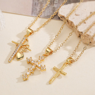 Aogu Cross-Border Amazon Hot-Selling Accessible Luxury Personalized Copper-Plated 18K Gold Cross Pendant Necklace Women's Versatile Necklace