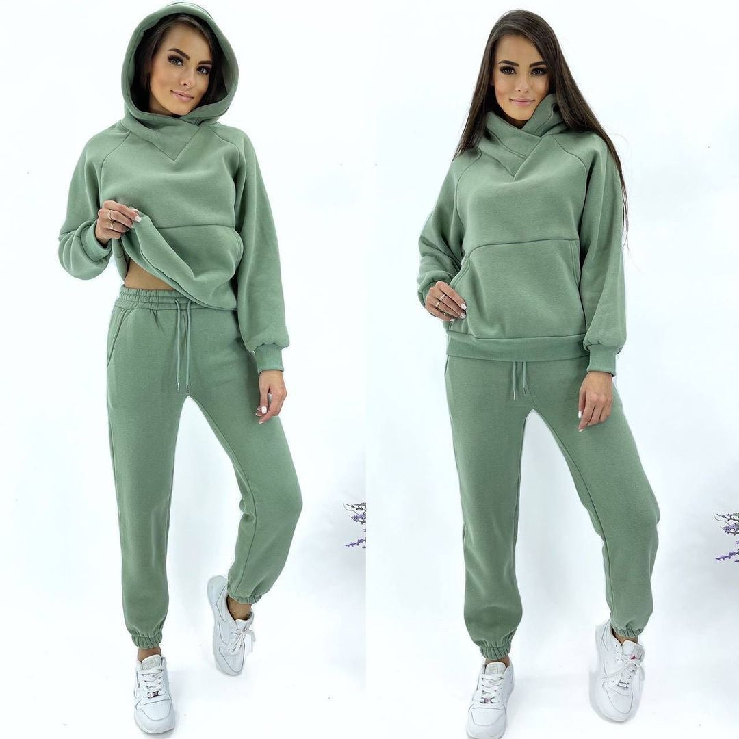 Hooded Loose Casual Top Two Piece 2024 Autumn/Winter New Brushed Women's Sweater Sports Set_voghion.com