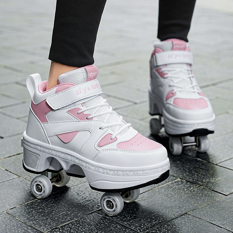 Transformable four‑wheel roller shoes, breathable mesh, unisex, sizes 33–43