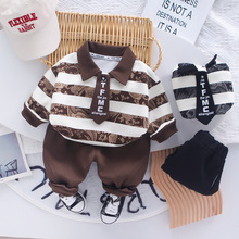 2025秋季新款男童领带条纹翻领长袖套装男宝宝休闲长裤两件套代发