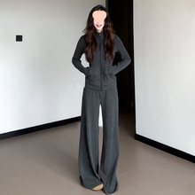 时尚休闲套装长袖条纹外套上衣女春秋高腰宽松阔腿裤拖地裤两件套