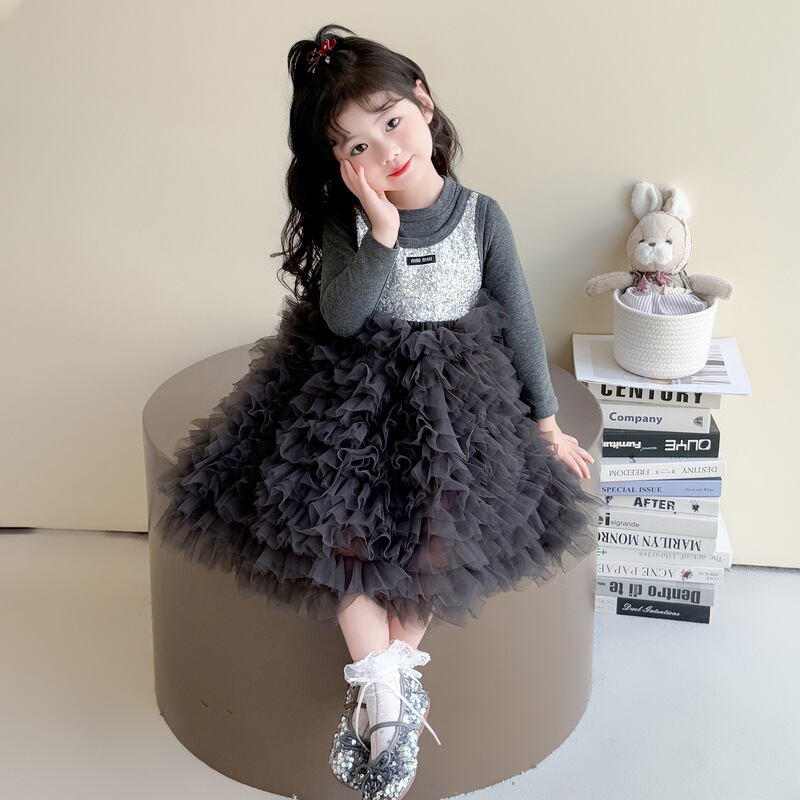 女童2025年秋款新款假两件亮片连衣裙韩版童装网红公主裙一件代发|undefined
