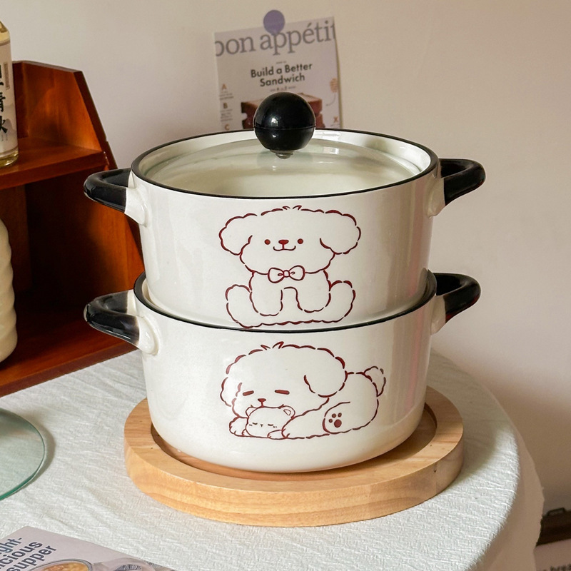 Ins South Korea Cute Puppy Instant Noodle Bowl with Lid Ceramic Binaural Soup Bowl Household Snail Powder Bowl Salad Fruit Bowl
