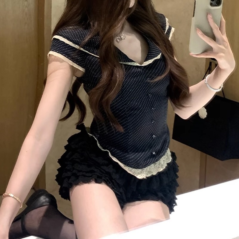 女款夏_ 中古法式波点蕾丝花边拼接上衣海军领短袖衬衫甜美风夏季|undefined