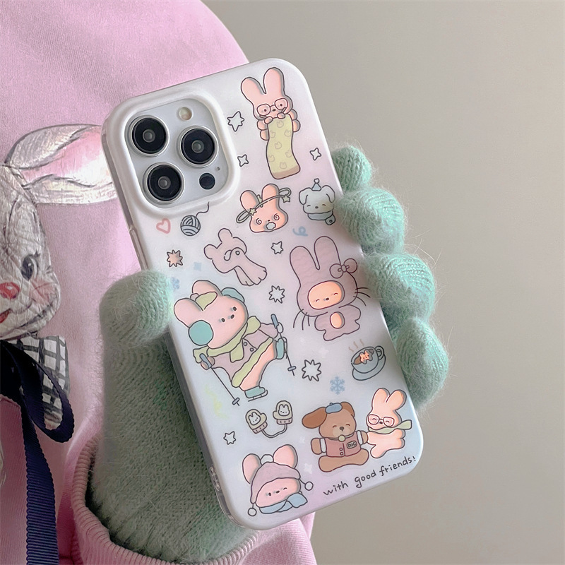 Apple 15Promax Cartoon 13/15 Laser Cute Ski Rabbit iPhone14promax Full Package 11 Shell Suitable