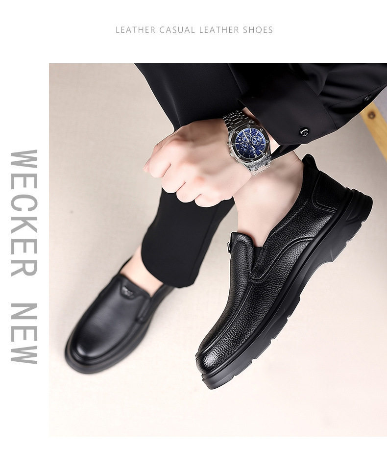 Giày lười nam da bò mũi tròn kiểu đậu đậu, đế thấp 1–3 cm, xỏ chân tiện lợi — đen chi tiết 15