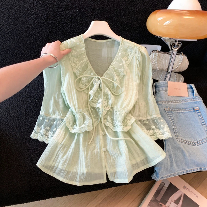 Gorgeous Ruffled V-Neck Puff Sleeve Shirt for Women, 2026 Summer New Design Lace Trim Top