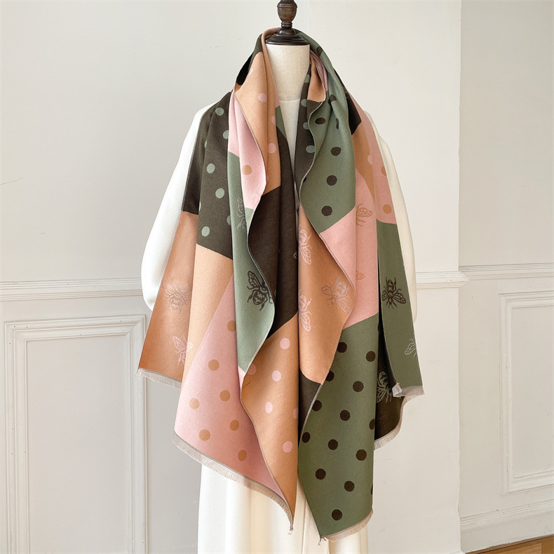 Little Bee I mitation Cashmere for Women, Thickened and Versatile Color blocked Shawl, Winter New Scarf_voghion.com