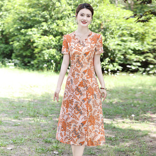 2025 New Dress Short-Sleeved Dress Fashionable New Printed Floral Large Size Belly-Covering Slimming Mid-Length Skirt