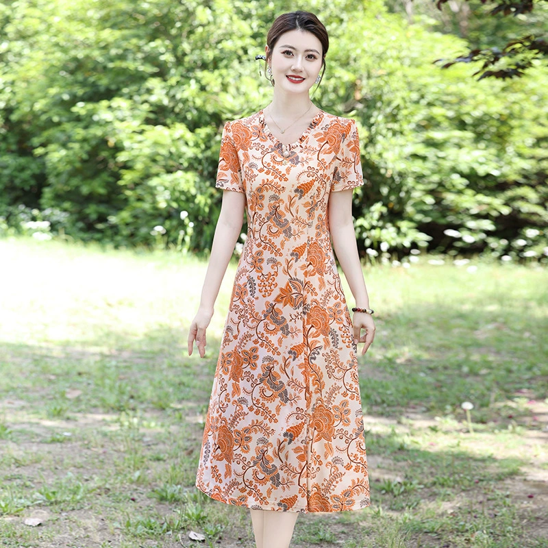 2025 новое платье с короткими рукавами, модное новое платье с цветочным принтом, большой размер, скрывающее живот, утягивающая юбка средней длины