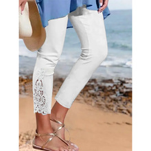 303635亚马逊新款白色紧身裤蕾丝拼接镂空九分长裤女装小脚休闲裤