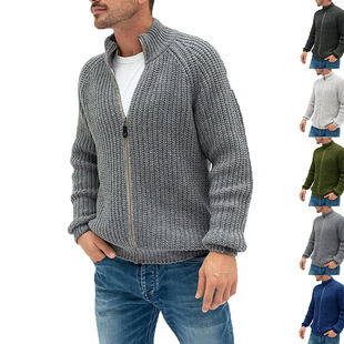 2025 Autumn and Winter Sweater Cardigan Men's European and American Solid Color Zipper High Collar Knitted Jacket Amazon Plus Size Men's Clothing