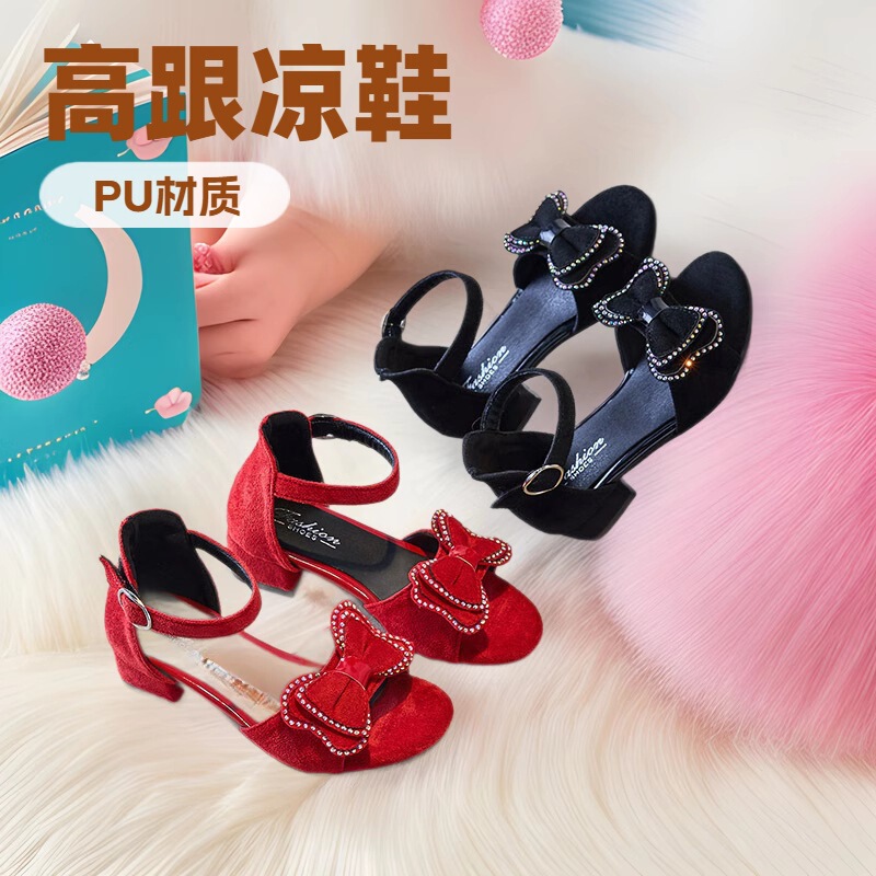 Fashion Girls' Sandals 2025 Spring and Summer Korean Version for Older Children with Shiny Rhinestone Bow High-Heeled Performance Shoes Baby Single Shoes Trendy