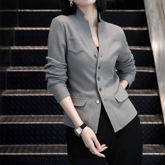 灰色立领针织短外套女款2025秋新款冷淡系独特别致高级感修身上衣