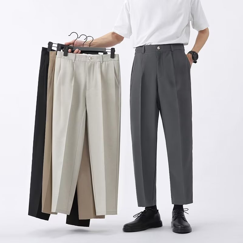 Summer Drape Design Men's Cropped Straight Loose Pants Light Business Casual Pants