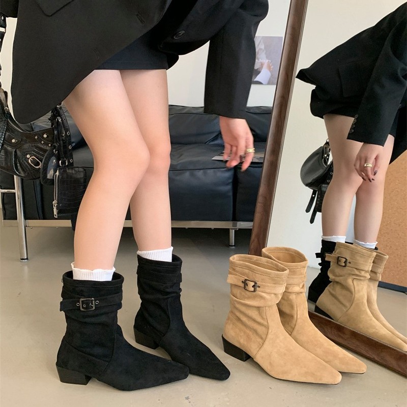 2025秋季新款时装靴女气质瘦瘦靴豹纹尖头细跟绒面高跟短靴子|undefined