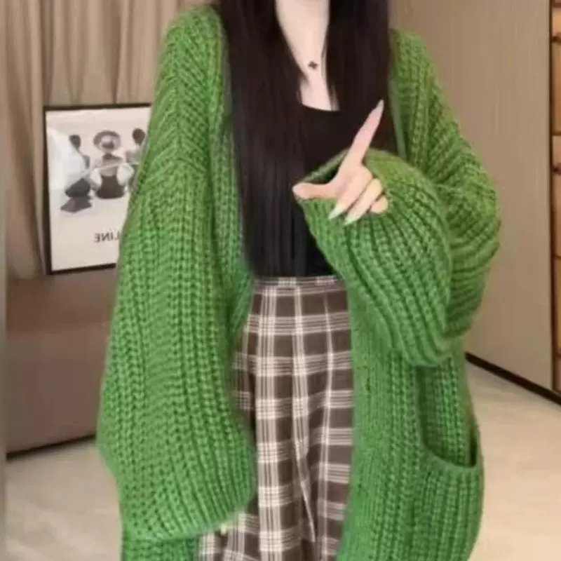 外贸森系粗毛线毛衣开衫女秋冬季大版宽松韩系慵懒风针织外套上衣