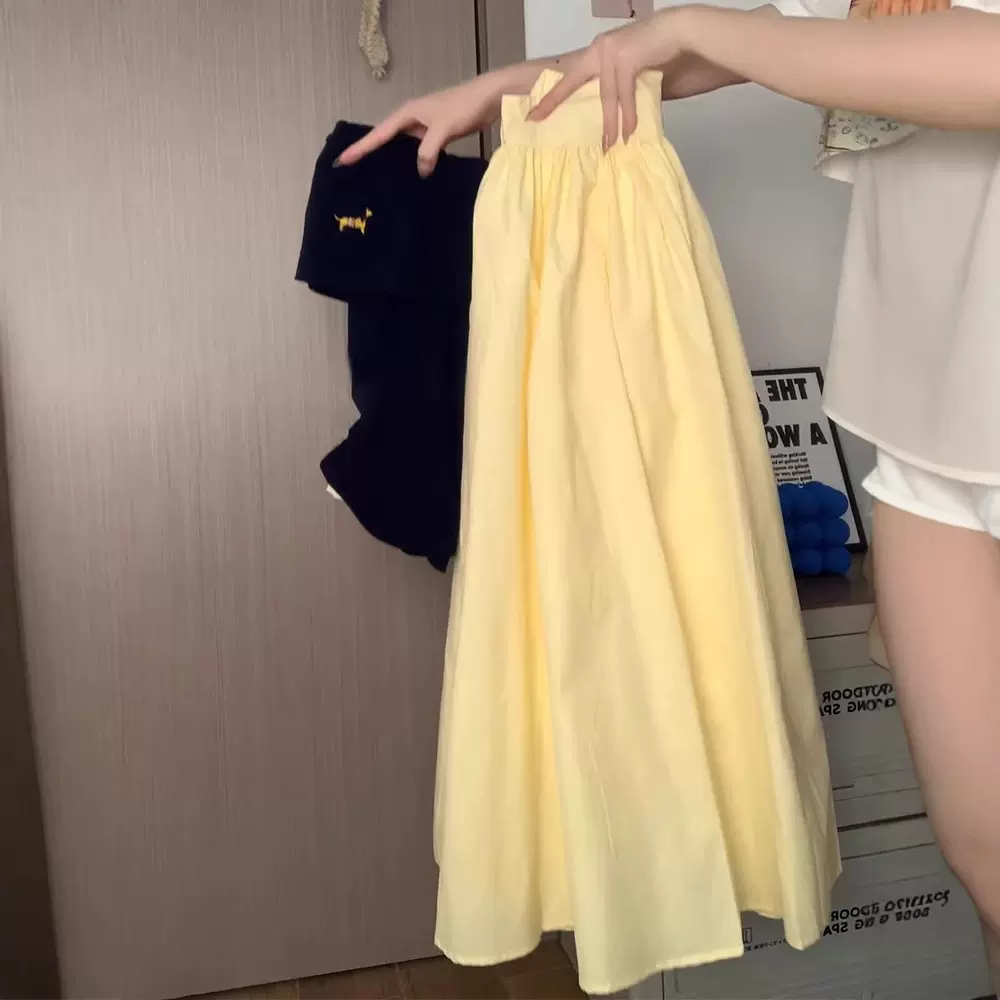 黄色半身裙女夏季2025新款a字长款半身裙小个子高腰显瘦垂感伞裙
