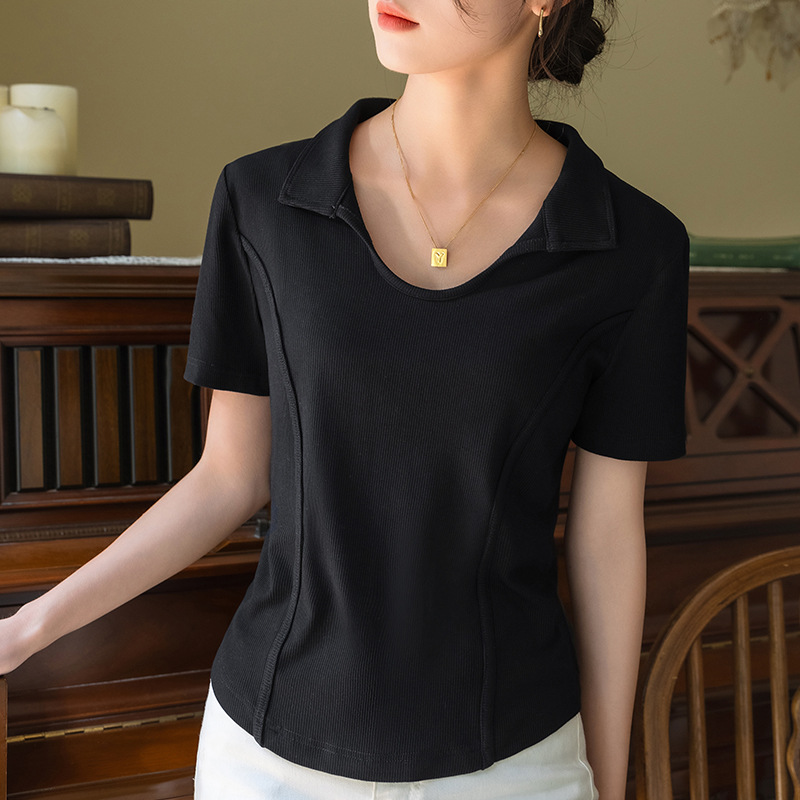Camiseta de manga corta de hilo para mujer verano 2023 nueva camiseta de solapa elegante para mujer camisa de polo de estilo maduro ligero Fishbone top