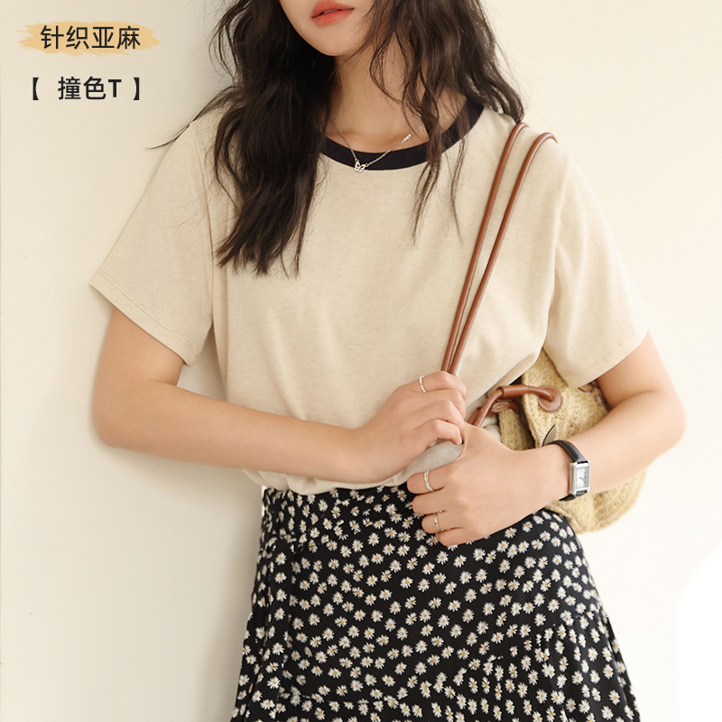 Tencel Linen Short-Sleeved 2025 New Spring and Summer Bottoming Shirt for Women Versatile Round Neck T-Shirt Casual Contrasting Color Pullover Top