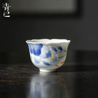 青己国风手绘荷花陶瓷花口品茗杯家用陶瓷茶杯功夫茶具单杯杯子