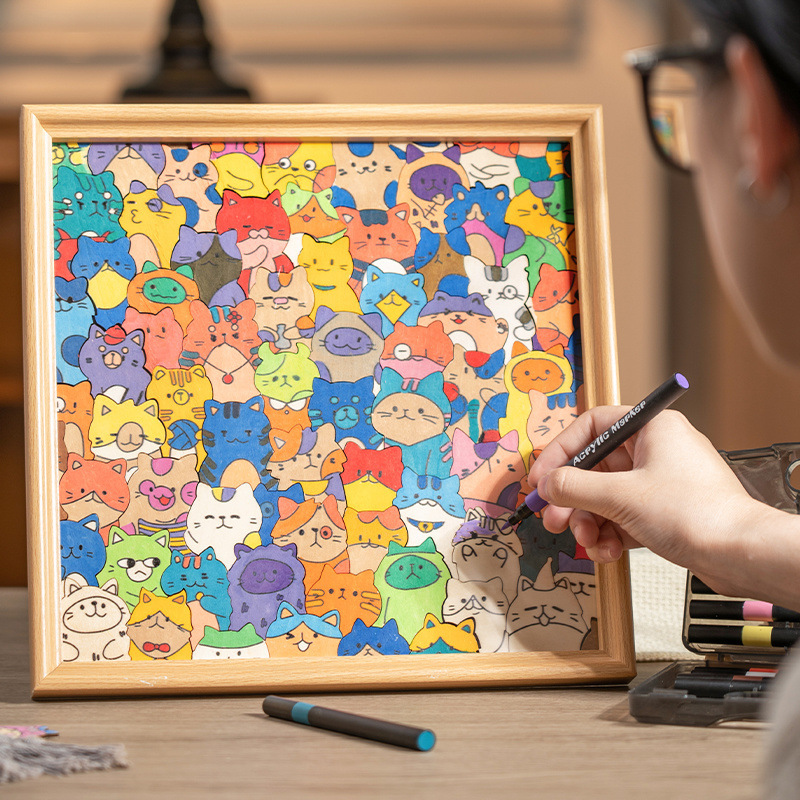 儿童DIY木制相框涂鸦填色积木拼图小学生礼品可爱小猫手绘色拼图|undefined