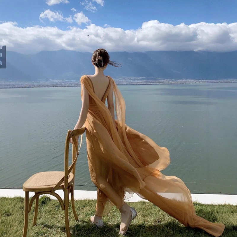 Suitable for Traveling to Yunnan to Take Photos, Long Tail Chiffon V Neck Dress, Women's Seaside Vacation Beach Dress