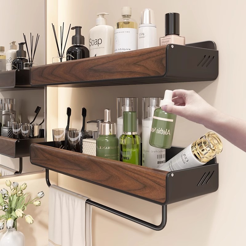 Bathroom Storage Rack Without Punching, Accessible Luxury Walnut Bathroom Wall Hanging Rack, Household Toiletries Storage Rack