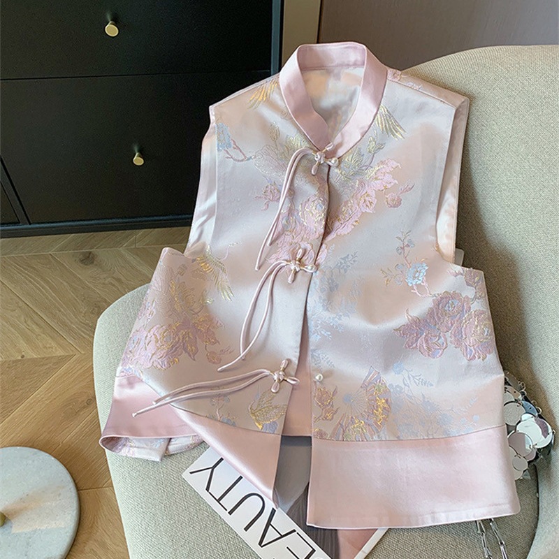 剪标品牌清仓粉色新中式国风刺绣流苏盘扣马甲女气质唐装外穿背心