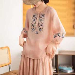 Versatile Artistic Embroidered Short Half-Sleeve 100% Cotton and Linen Women's Shirt, New Summer Round Neck Pullover Elegant Blouse