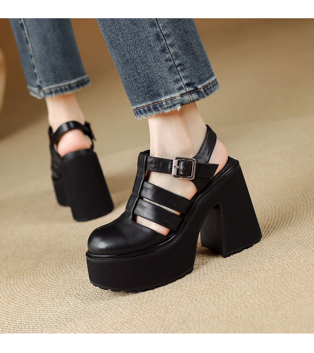 Sandal cao gót nữ mũi kín quai T đế xuồng phong cách La Mã — Da cừu lông đen, Da bò đen chi tiết 11