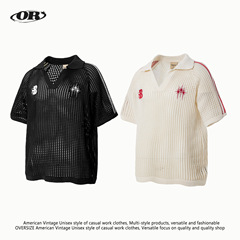OREETA国潮網目抜きvネック半袖tシャツ男女潮牌ゆるいカジュアル襟POLOニット