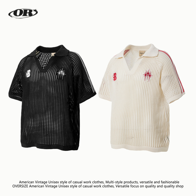 OREETA国潮網目抜きvネック半袖tシャツ男女潮牌ゆるいカジュアル襟POLOニット|undefined
