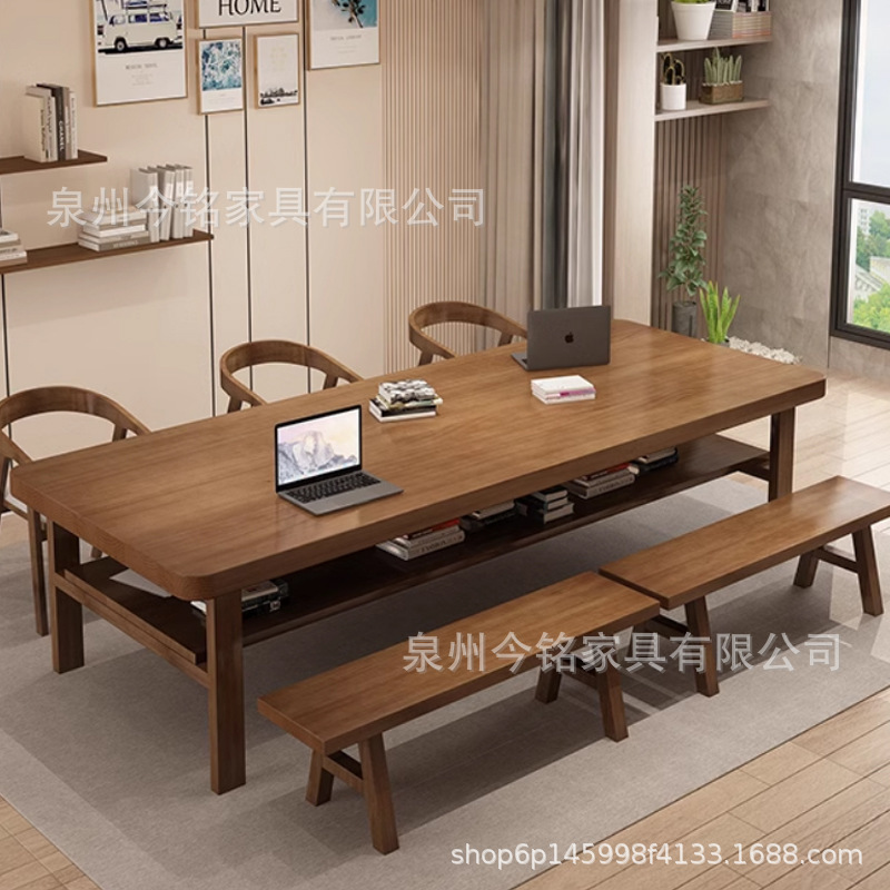 Nordic Solid Wood Strip Conference Table Library Reading Room Log Multi-Person Study Desk Living Room Study Computer Desk