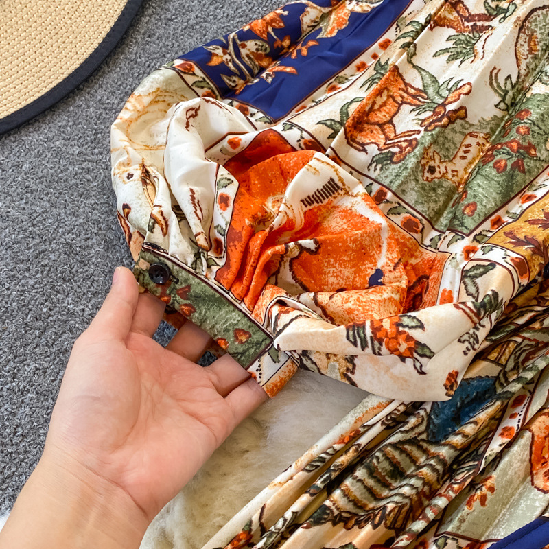 Vêtements pour femmes Automne col rond ample mince à manches longues imprimé satin simple boutonnage robe plissée élégante légère luxe longue jupe_voghion.com