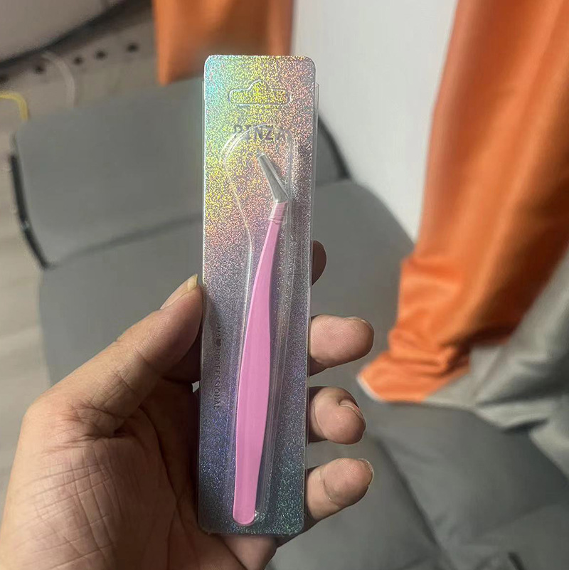 Pinzas para pestañas de acero inoxidable, punta curva, rosa