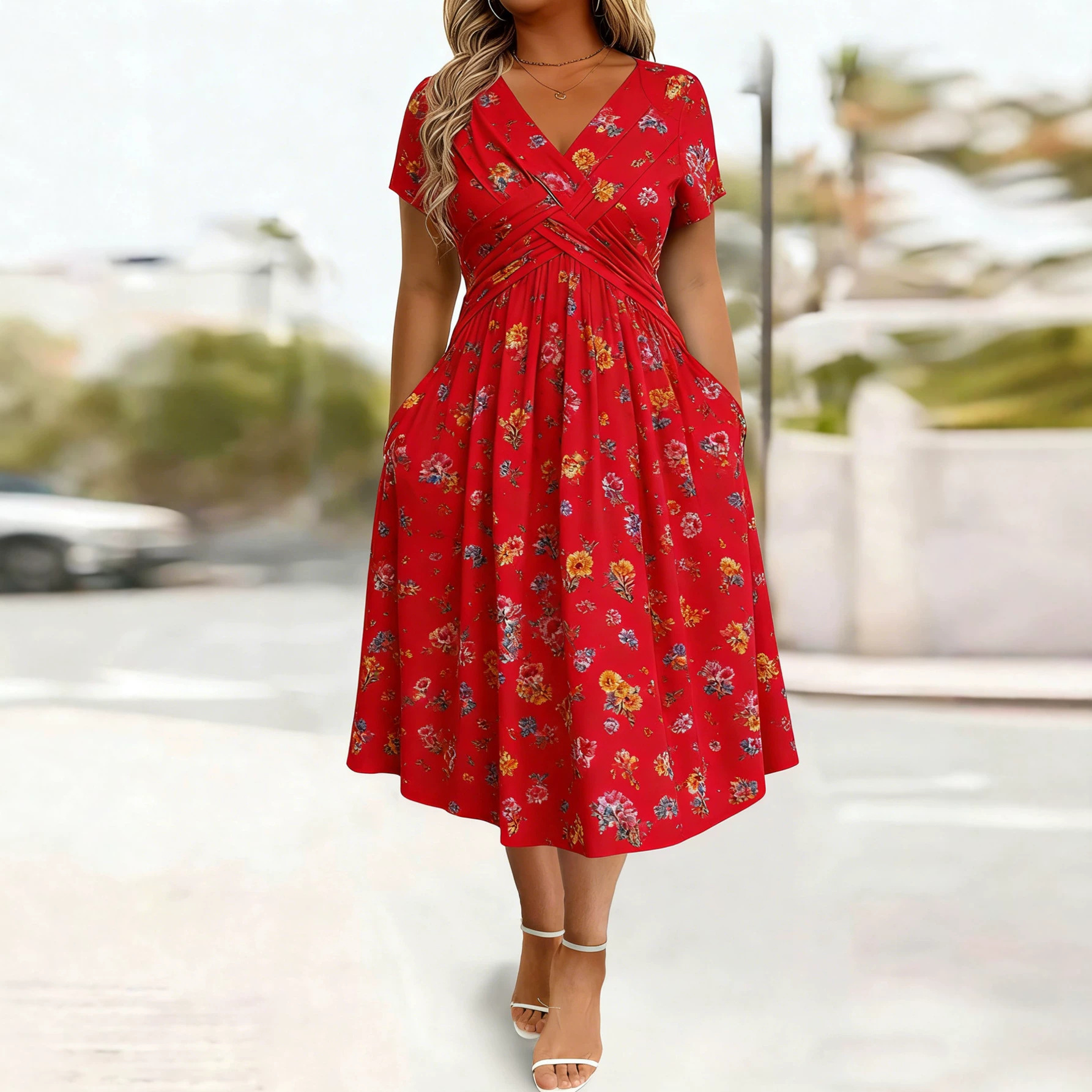 European and American foreign trade cross-border summer women's elegant floral digital print twisted strap pocketed V-neck A-line dress