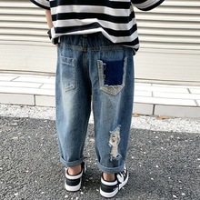 春秋男女童装牛仔裤宝宝洋气儿童个性潮牌韩版时髦破洞拼色哈伦裤