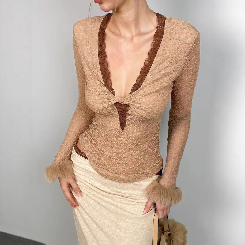 Cross-Border Women's Autumn and Winter V Neck Lace Splicing Brown Fur Cuffs Sexy Pure Lust Top Bottoming Knitwear for Women