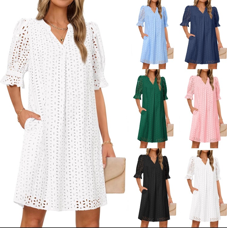 2025 Amazon Independent Station Spring and Summer Short-sleeved Casual Mini Dress V Neck Wrinkle Collar Hole Lace dress